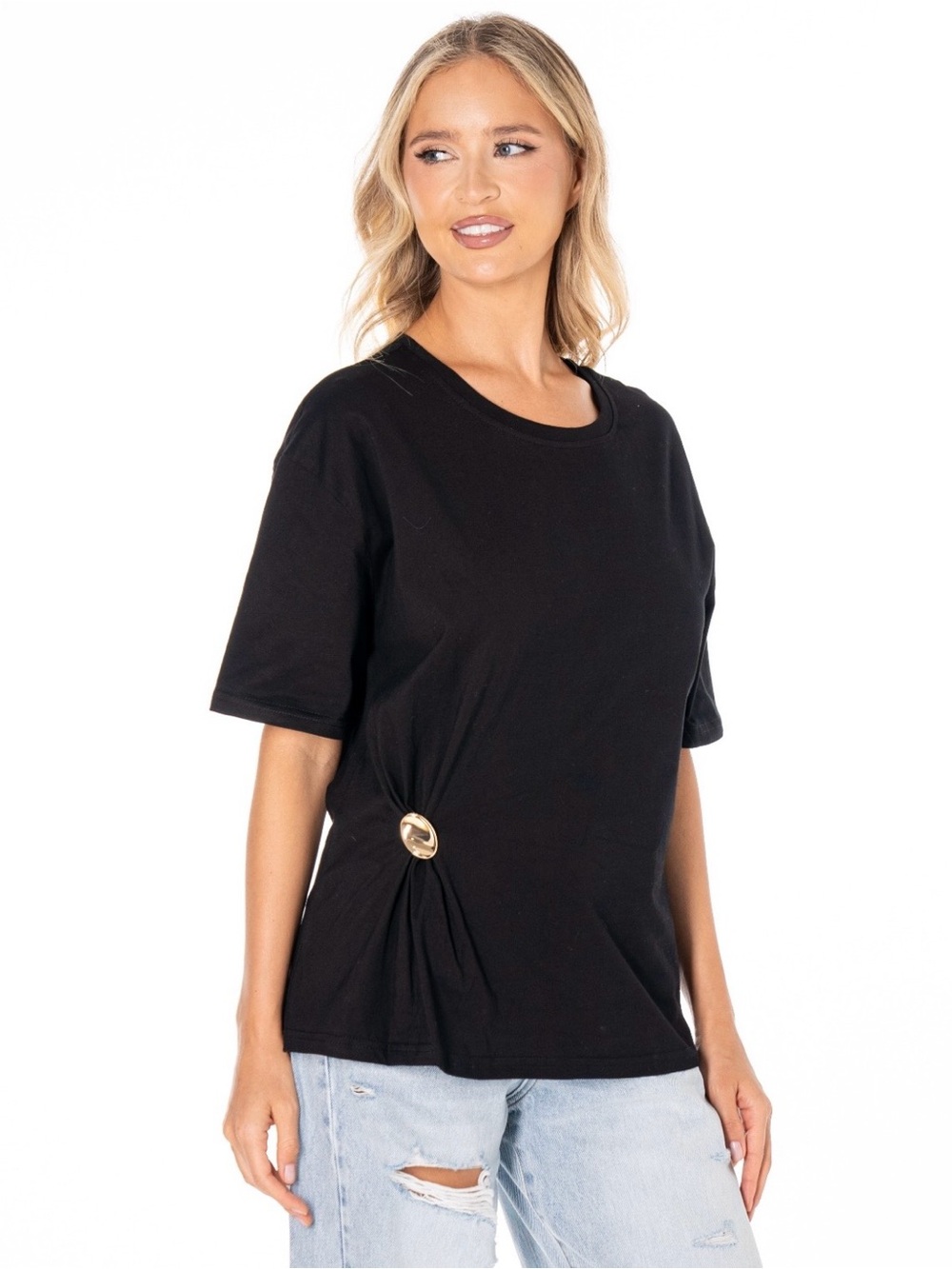 Classic Black Short Sleeve Tee with Side Ring Detail